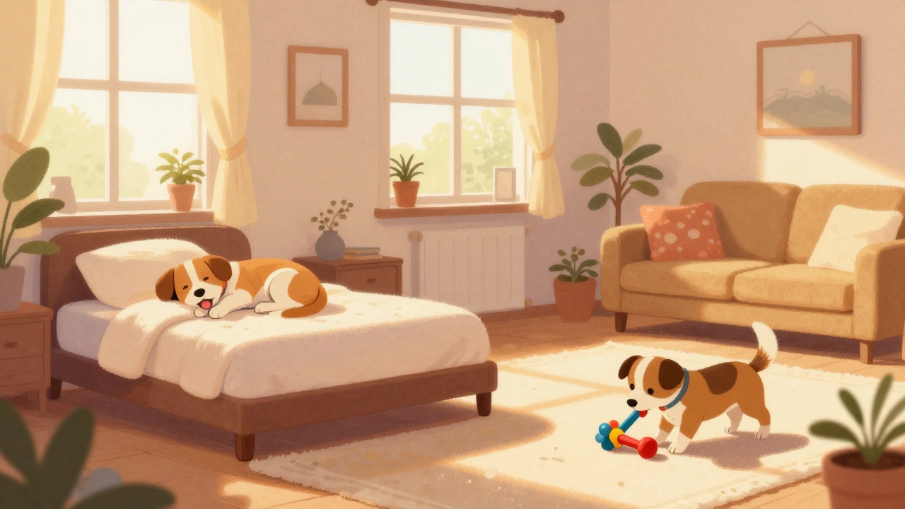 Две собаки в разных частях уютной комнаты, каждая в своем безопасном пространстве со своими вещами.