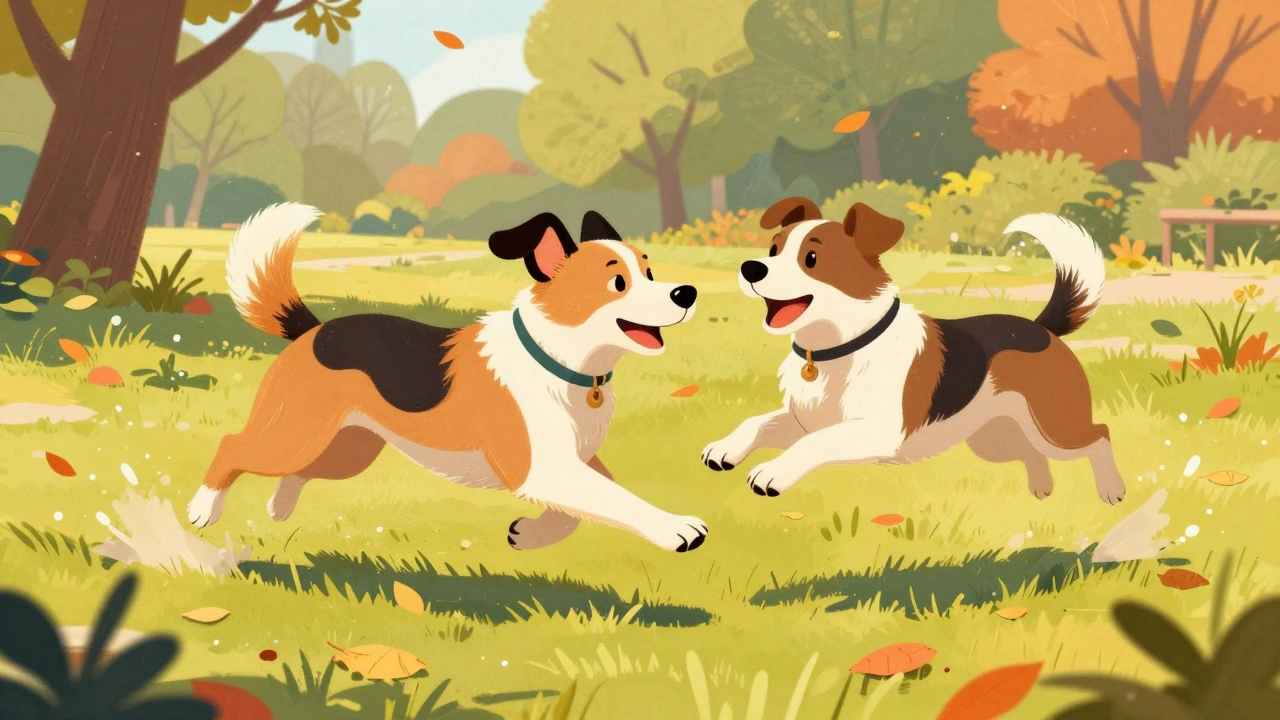 Две собаки весело играют в «догонялки» в осеннем парке