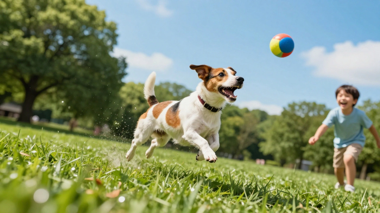Энергичный джек-рассел терьер играет в мяч с ребенком в зеленом парке