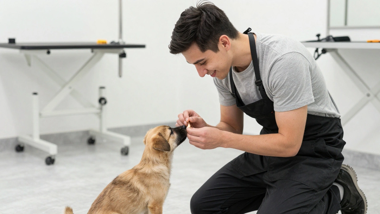 Грумер знакомится с щенком в салоне, предлагая ему лакомство для доверия