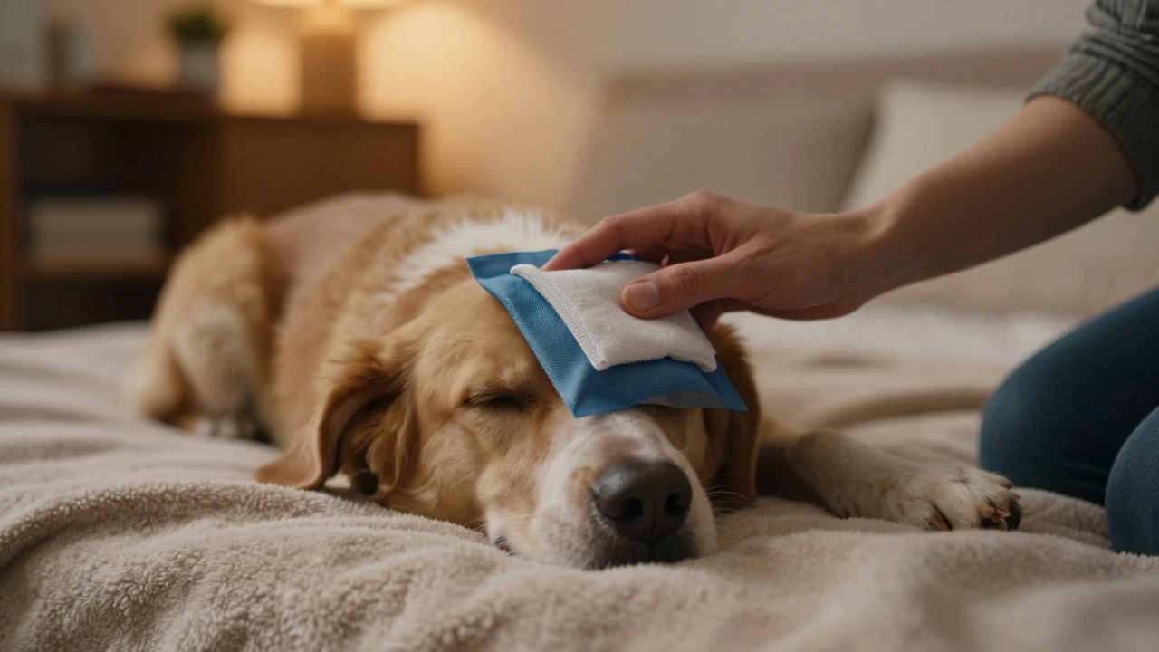 Хозяин прикладывает холодный компресс к носу собаки в домашней обстановке