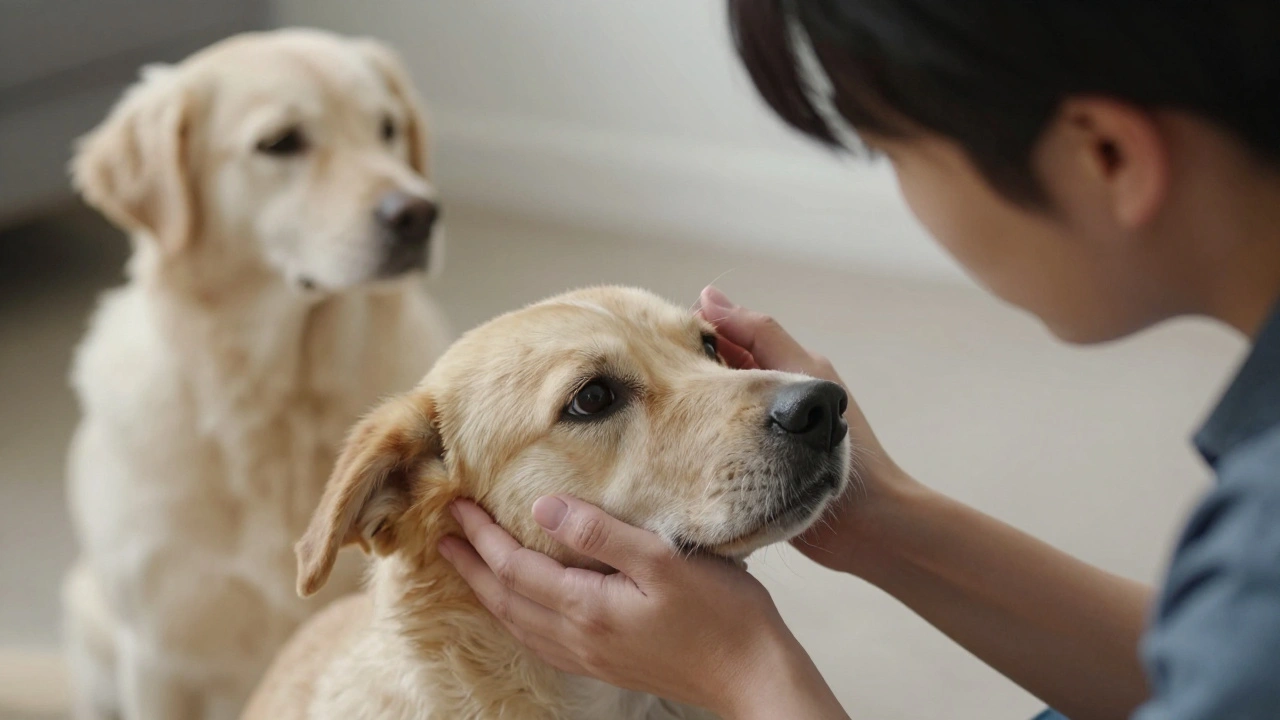 Хозяин уделяет индивидуальное внимание одной собаке, пока вторая спокойно ждет своей очереди.