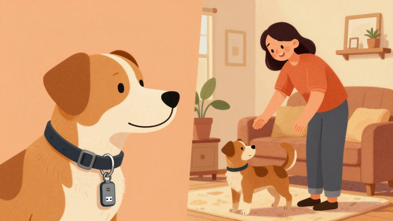 Иллюстрация адресника на ошейнике собаки и помощь друга в сложной ситуации