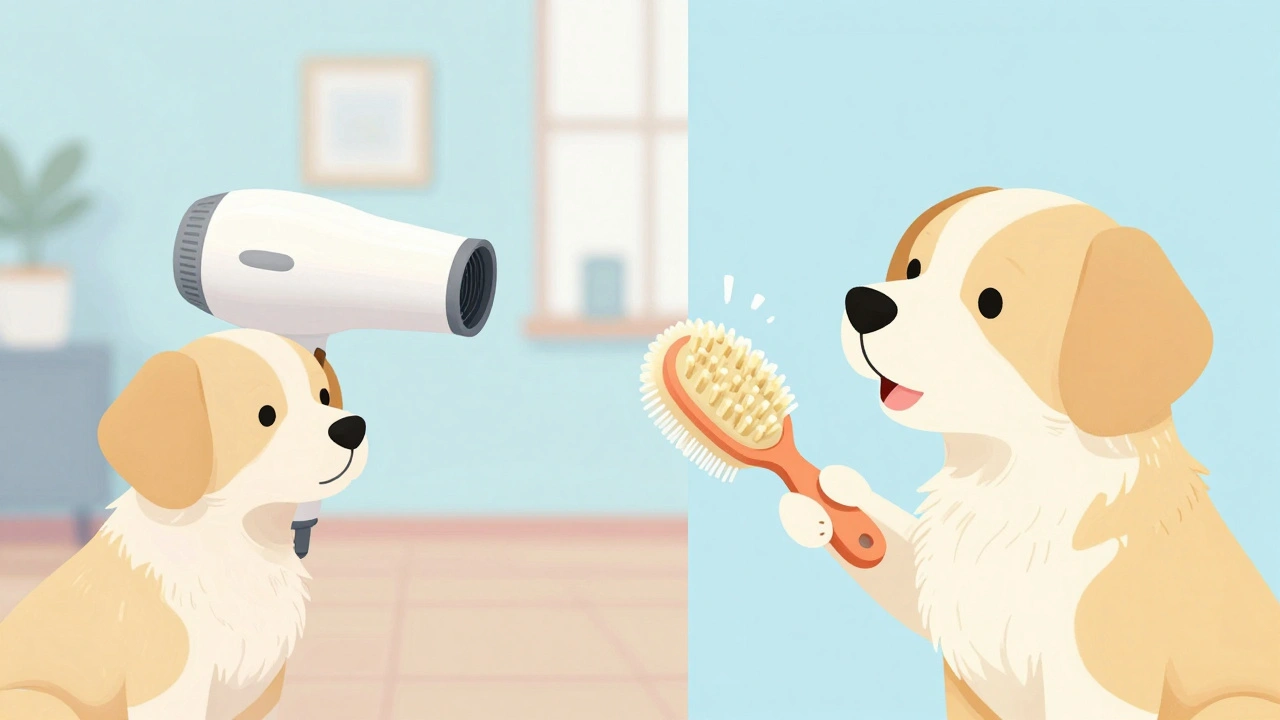 Иллюстрация процесса приучения щенка к щетке и шуму фена