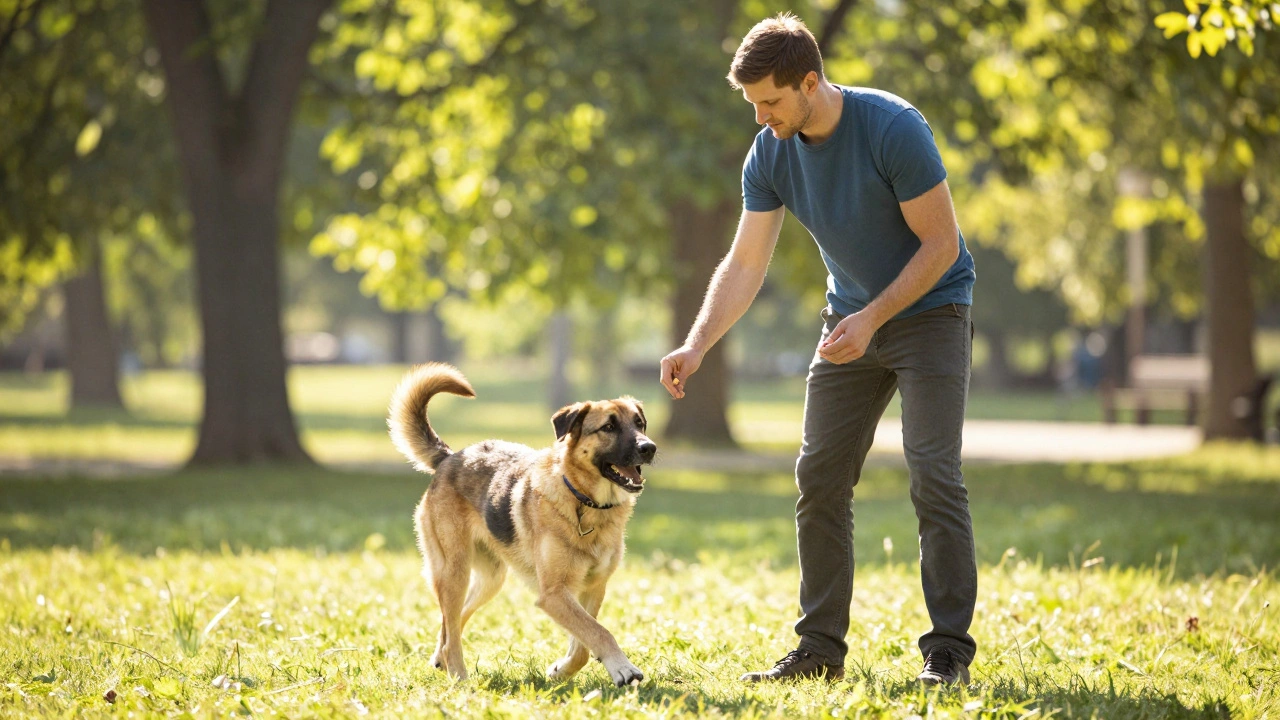 Кинолог обучает собаку методу положительного подкрепления в солнечном парке