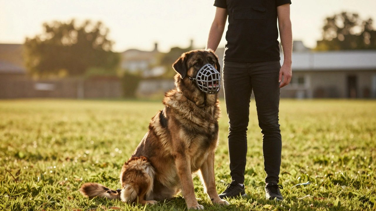 Кинолог тренирует крупную собаку в наморднике на зеленом поле при солнечном свете.