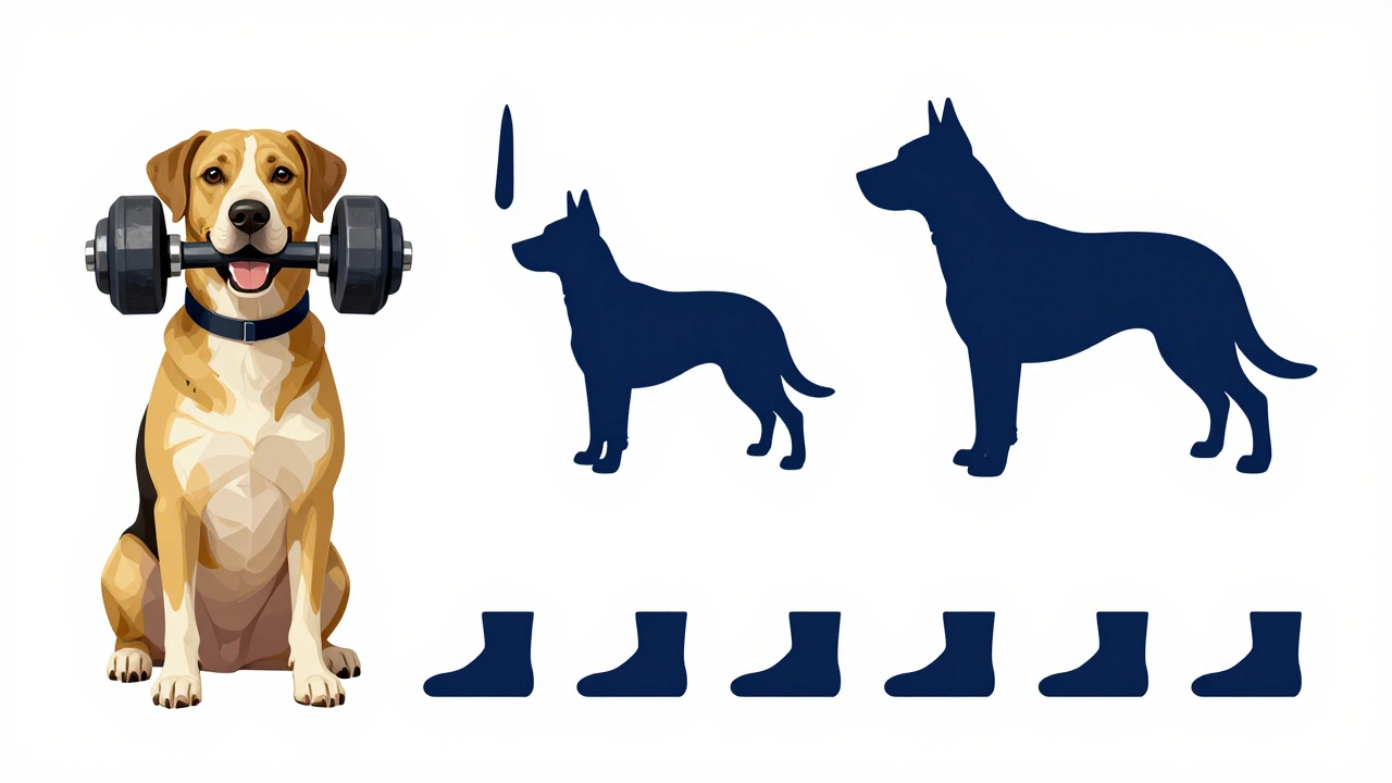 Коллаж с собакой, держащей гантель, и элементами тренировок по послушанию