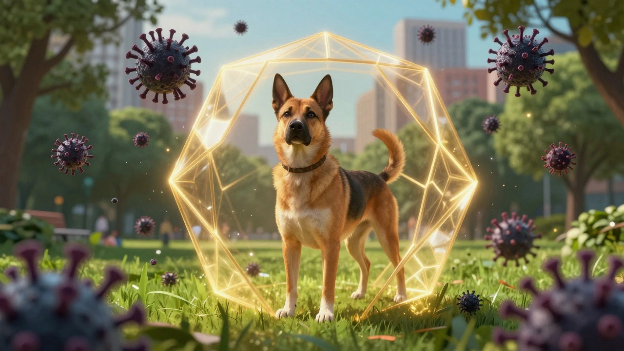Концепт иммунного щита, защищающего собаку от вирусов в городской среде