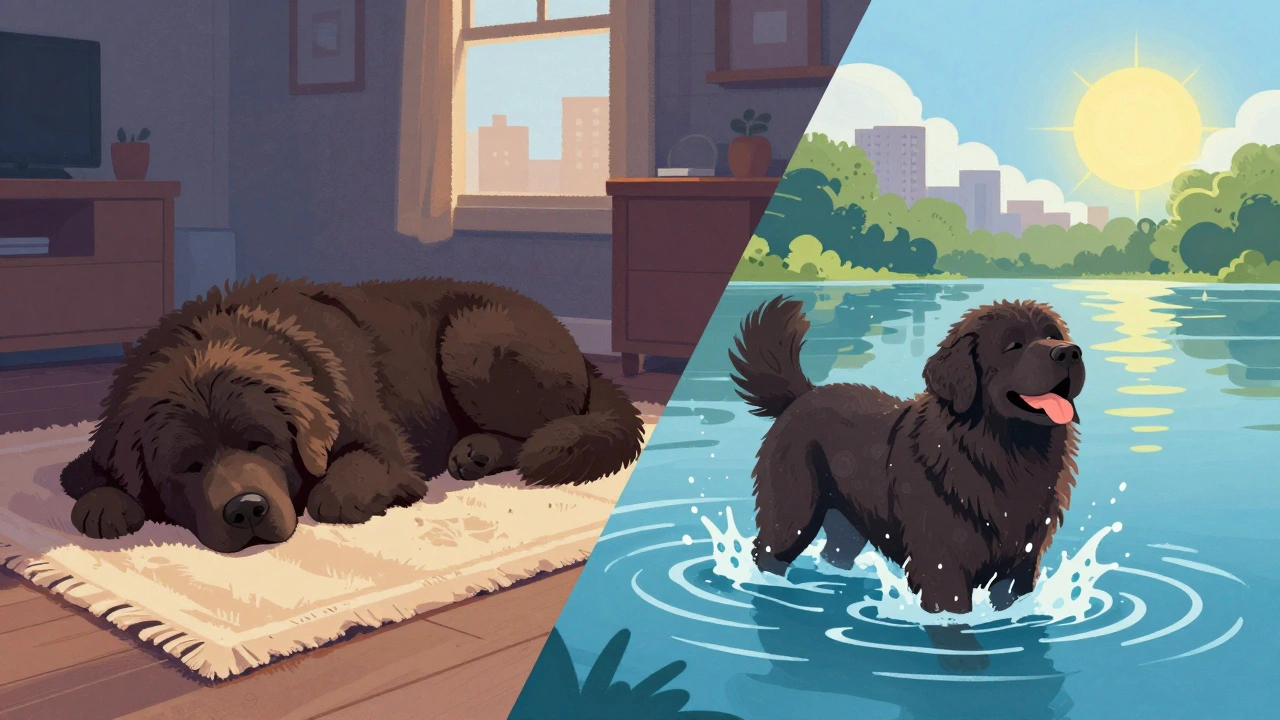 Концепт спокойного отдыха дома и активного купания ньюфаундленда на природе