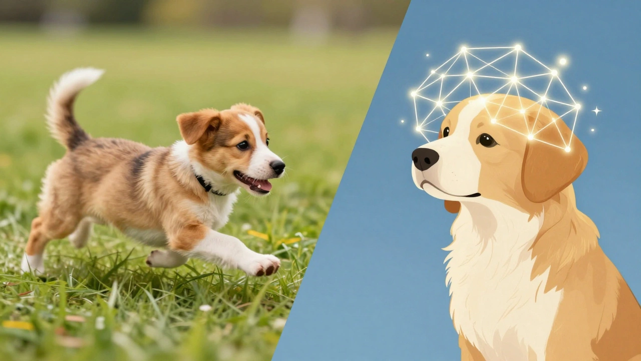 Концептуальное изображение разницы между физической активностью и умственной нагрузкой щенка