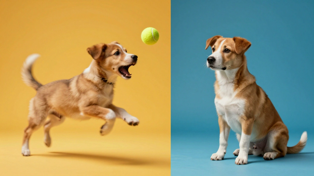 Контраст между возбужденным прыжком щенка за мячом и его спокойным сидением