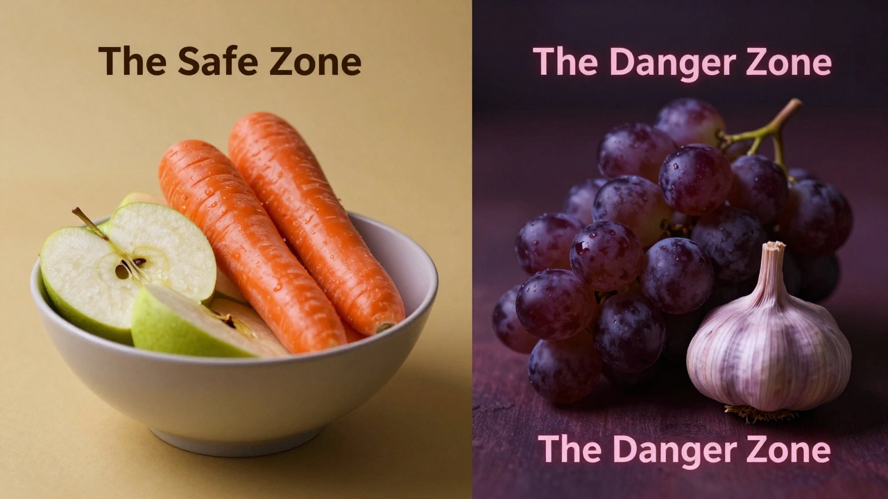 Контраст полезных овощей и опасных для собак винограда и чеснока