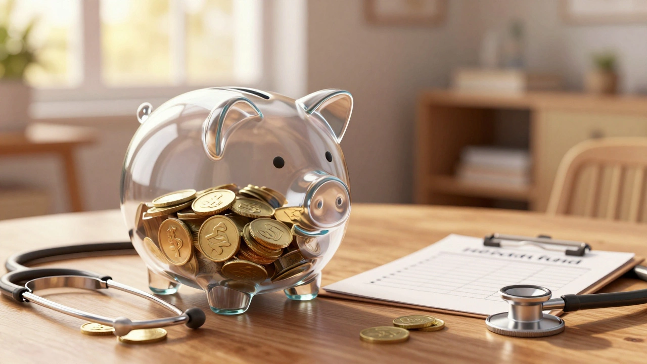 Копилка в форме собаки с деньгами, символизирующая бюджет на здоровье питомца