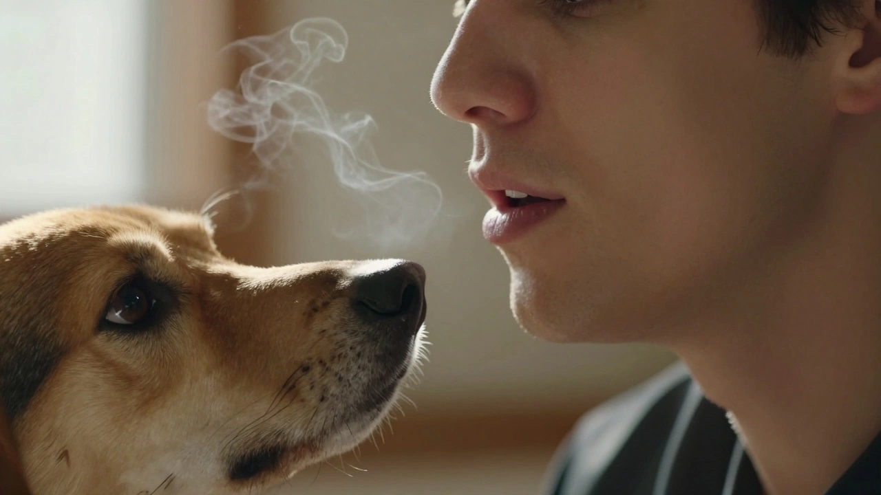 Крупный план говорящего человека и внимательного уха собаки в теплом свете