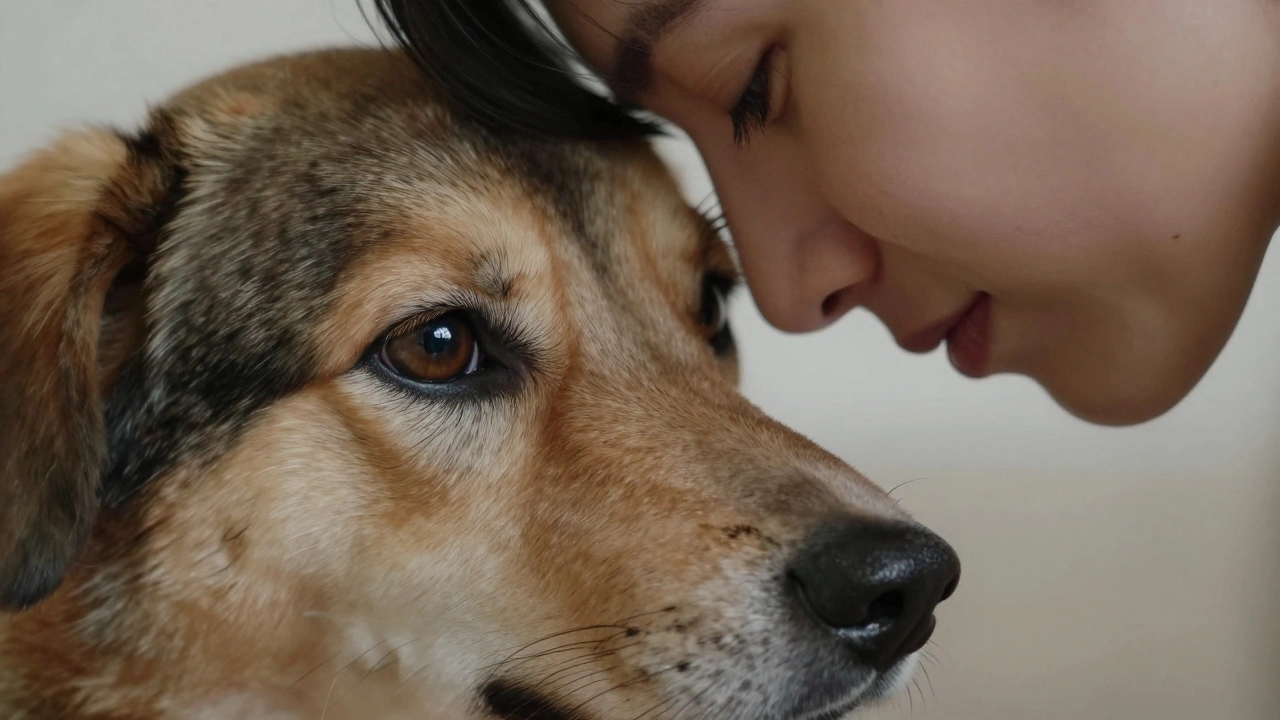 Крупный план собаки и человека, соприкасающихся лбами в знак глубокой привязанности