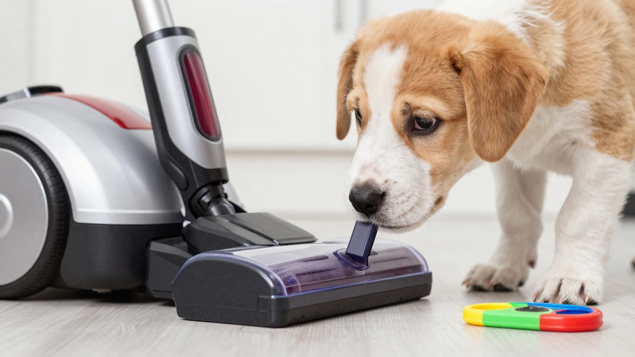 Любопытный щенок касается носом выключенного пылесоса