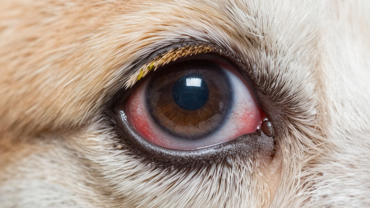 Макроснимком глаза собаки с покраснением и гнойными выделениями