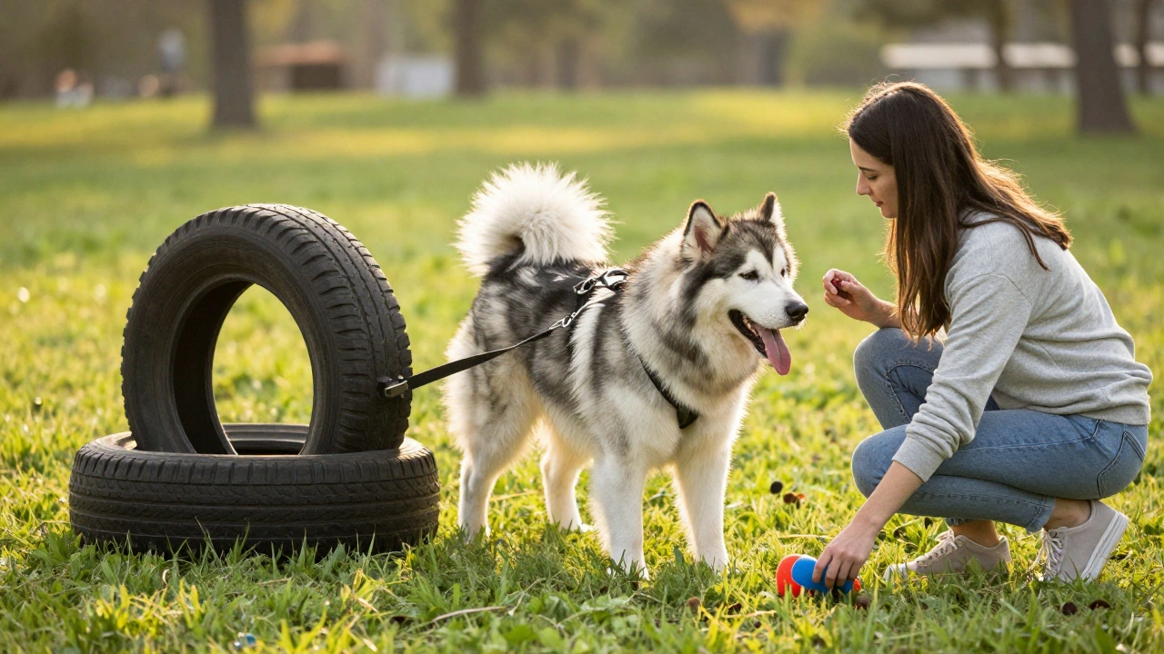 Маламут с радостью тянет покрышку в парке под руководством хозяина