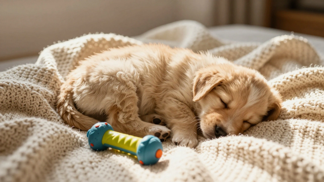 Маленький щенок крепко спит на мягком пледе после занятий дрессировкой