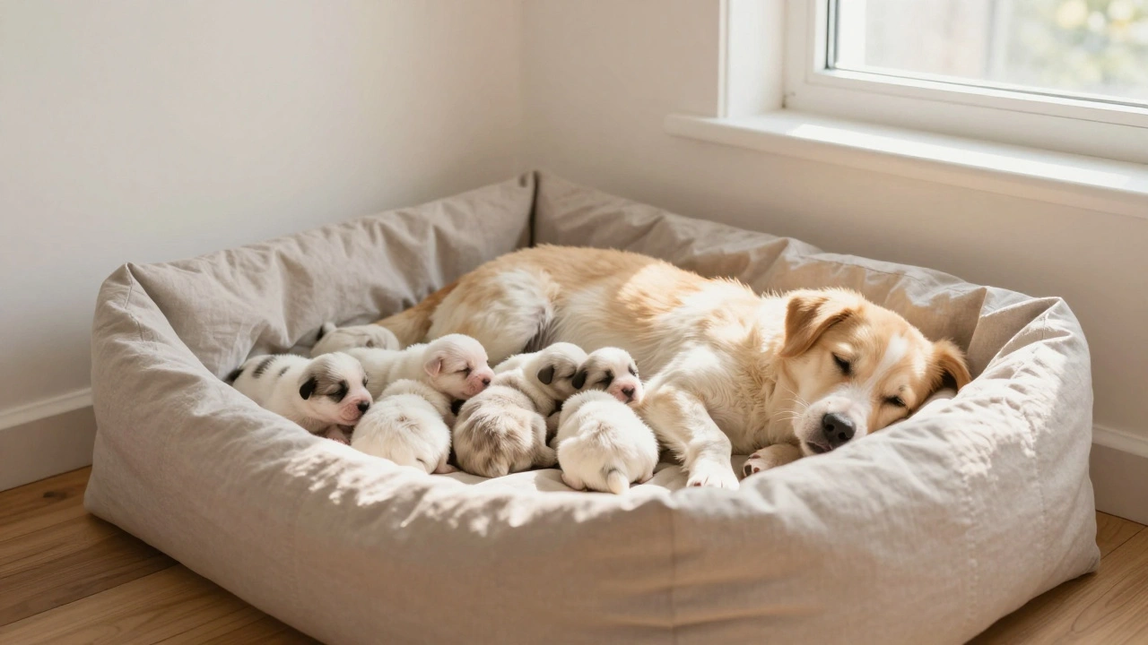 Мать-собака с новорожденными щенками в уютном и чистом родильном боксе