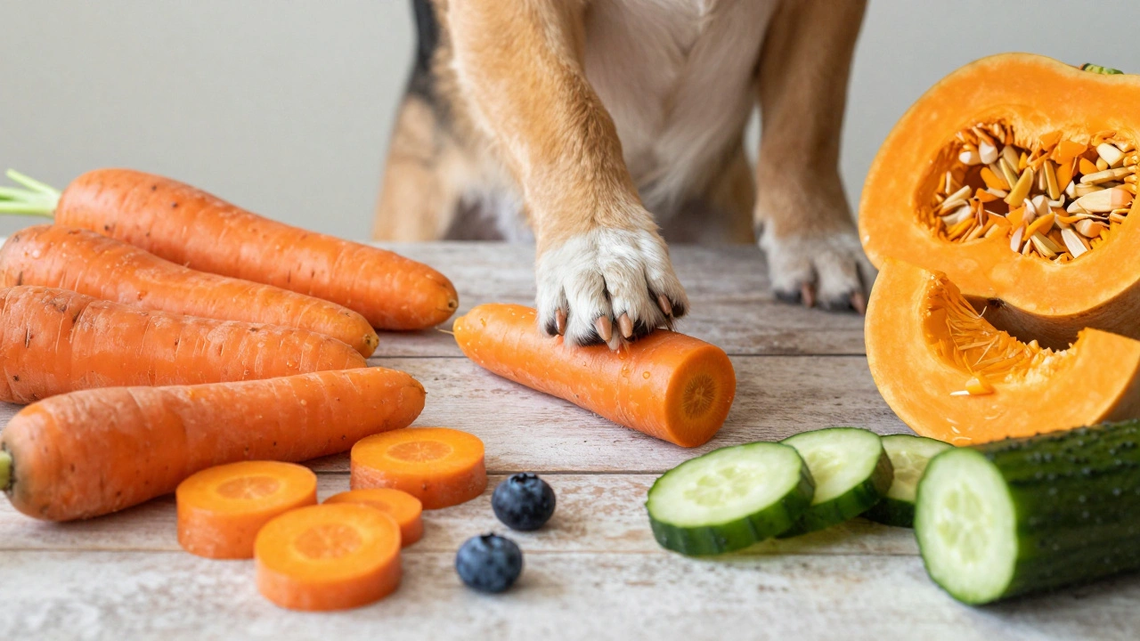 Набор полезных овощей и ягод для собак на деревянном столе