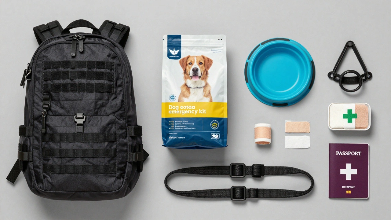 Набор вещей для экстренной эвакуации собаки: корм, миски, аптечка и поводок
