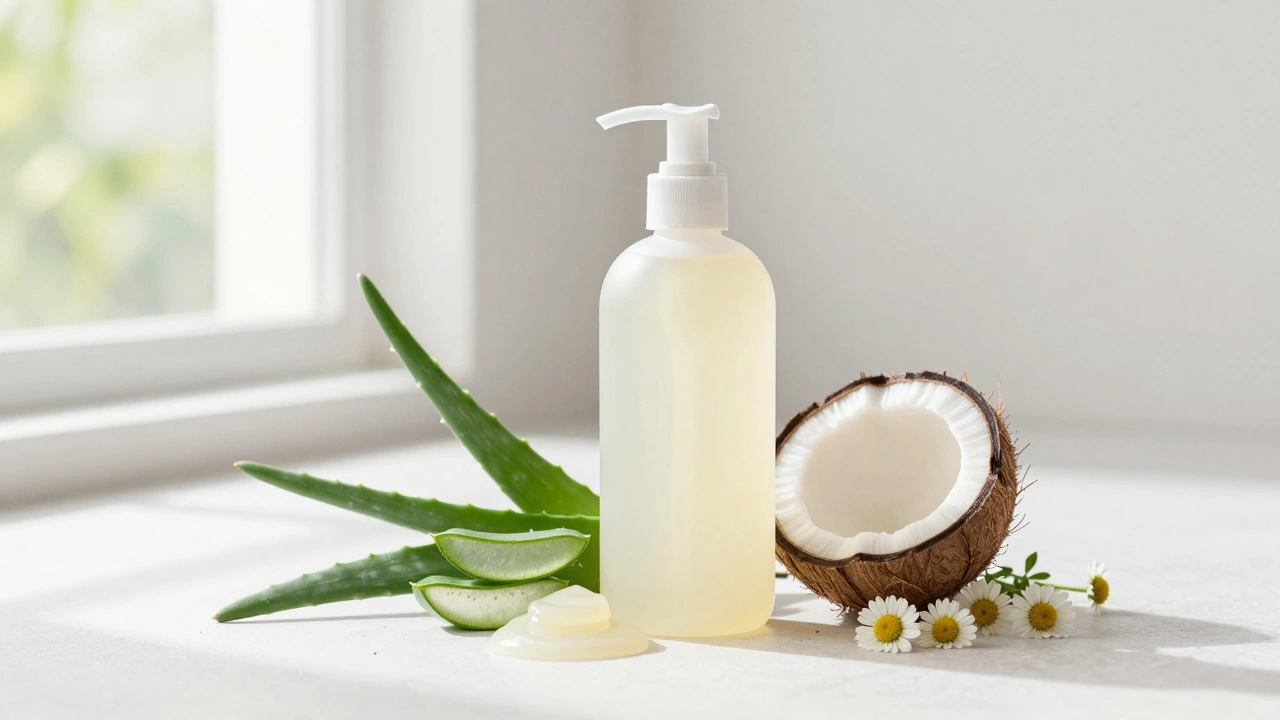 Натуральные ингредиенты: алоэ, ромашка и кокосовое масло рядом с шампунем для собак