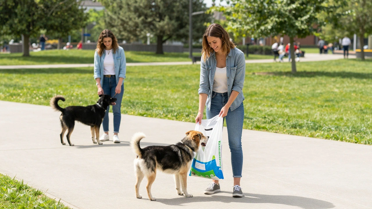 Ответственный владелец убирает за собакой на чистой и ухоженной прогулочной площадке