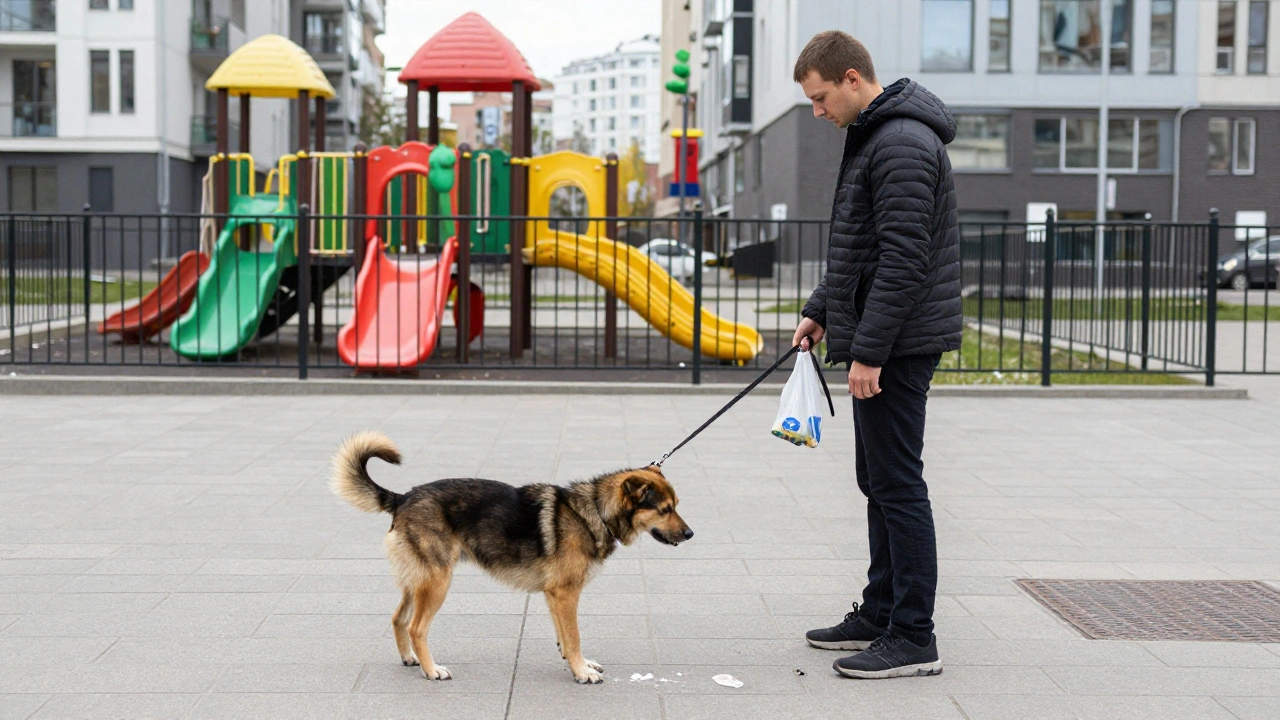 Ответственный владелец убирает за собакой на городской улице рядом с детской площадкой.