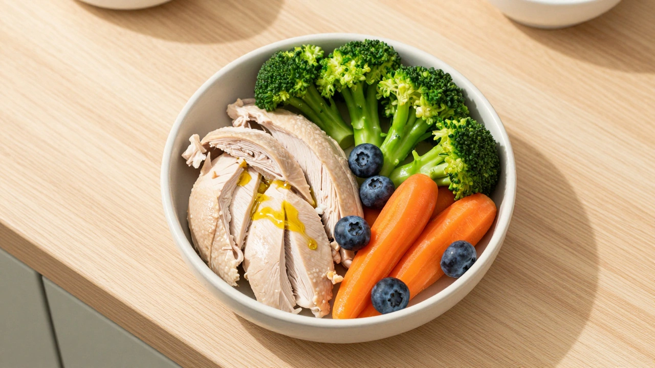 Полезный рацион для старой собаки с индейкой, брокколи и морковью в миске