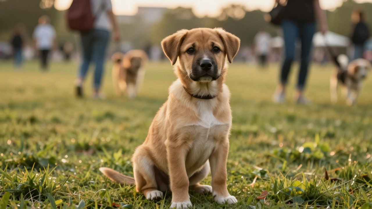 Послушный щенок сидит и ждет в общественном парке