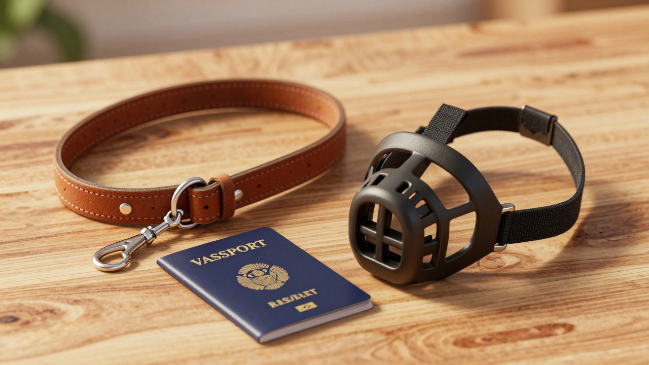 Поводок, намордник и ветеринарный паспорт на столе