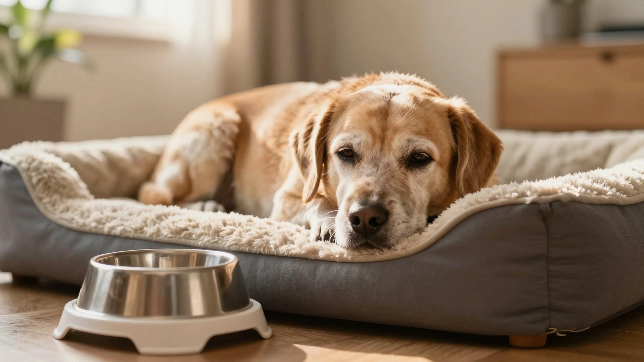 Пожилая собака на ортопедической лежанке рядом с приподнятой миской для еды