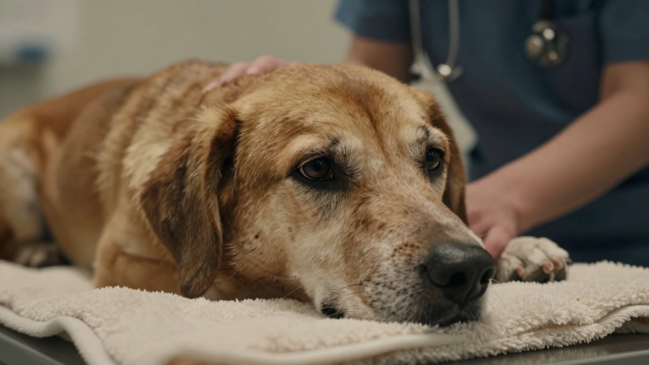 Пожилая собака с седой мордой во время профилактического осмотра