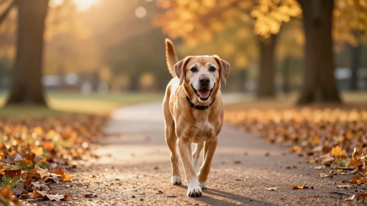 Пожилая здоровая собака гуляет по осеннему парку в лучах заката