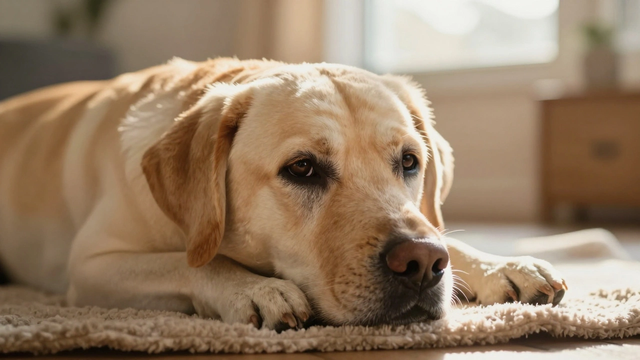 Пожилый лабрадор с седой мордой отдыхает в лучах солнца дома