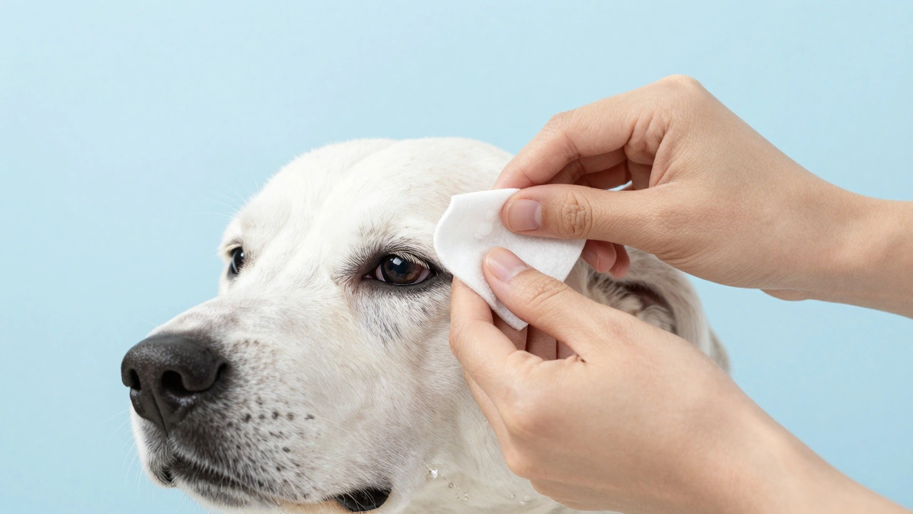 Процесс аккуратного очищения глаз собаки ватным диском