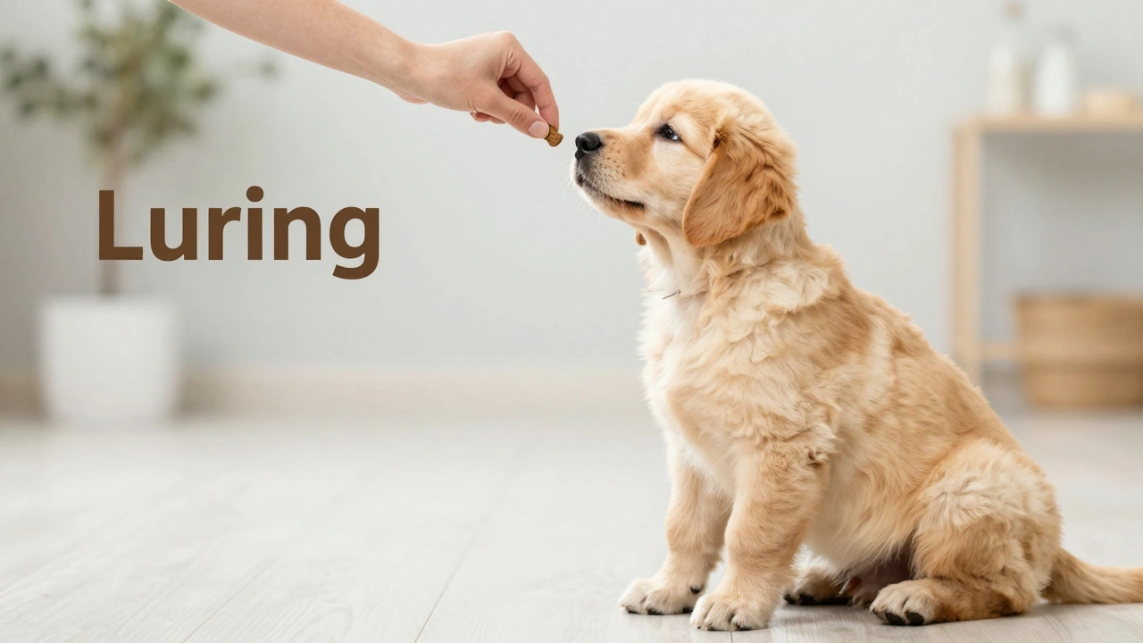 Процесс обучения щенка команде сидеть методом наведения лакомством