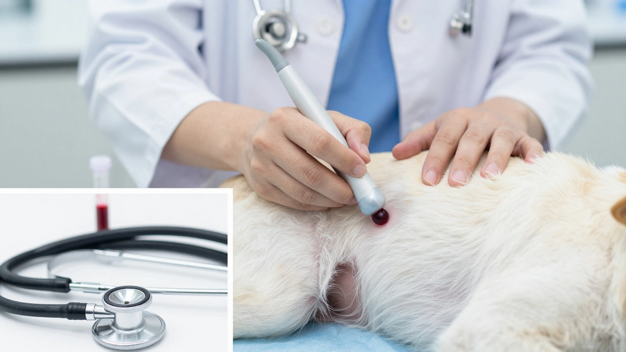 Процесс УЗИ и забор анализов крови у собаки в ветеринарном кабинете