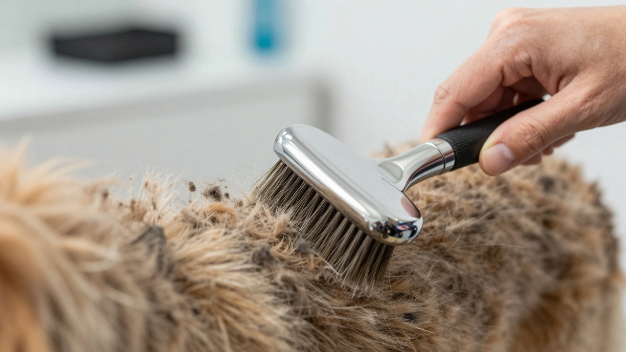 Процесс вычесывания шерсти собаки специальным инструментом