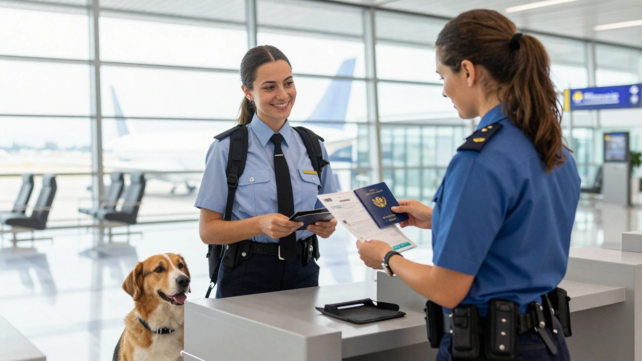 Проверка документов на собаку сотрудником пограничного контроля в аэропорту