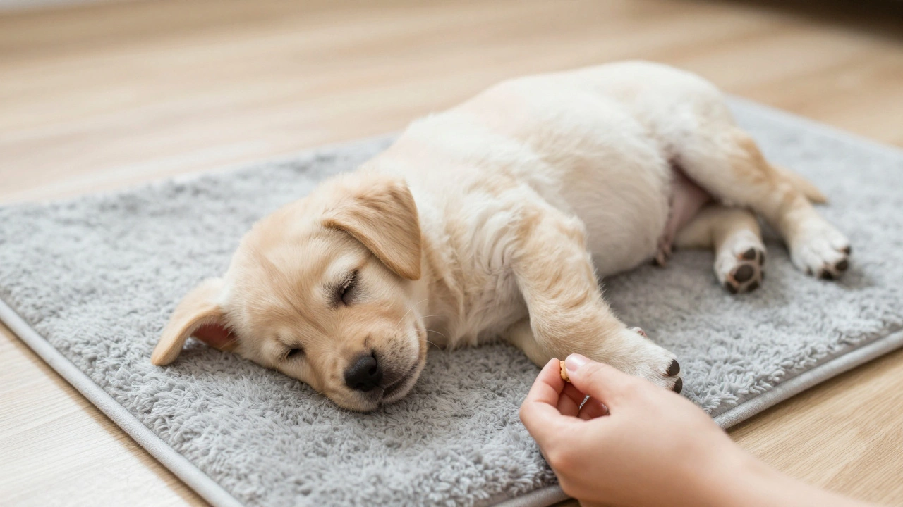 Расслабленный щенок лежит на коврике и получает лакомство