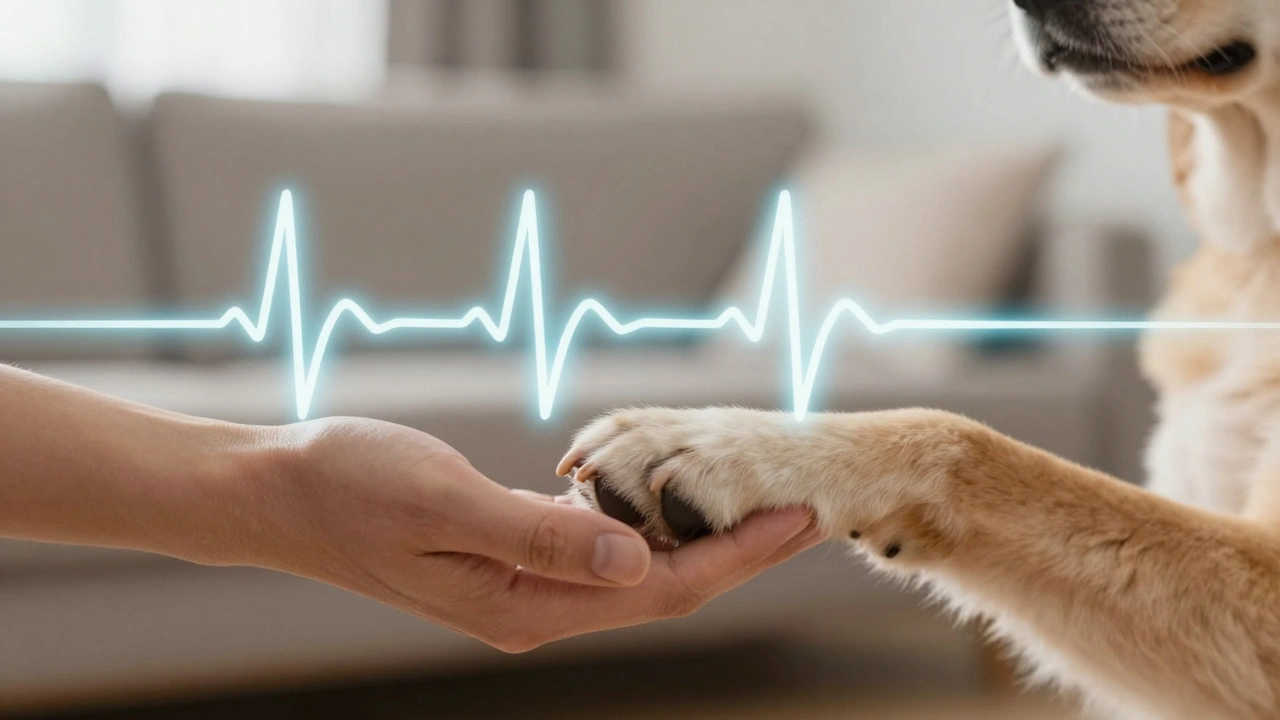 Рука человека и лапа собаки с визуализацией синхронизированного сердцебиения