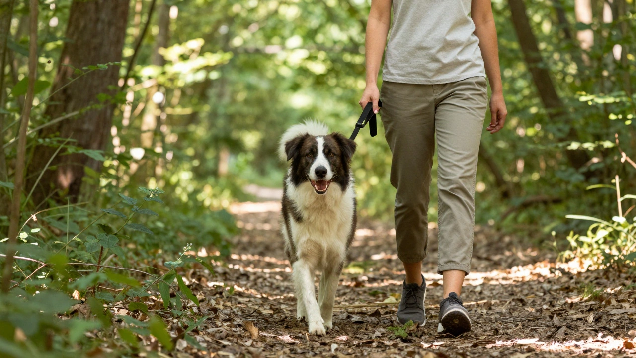 Счастливая взрослая собака на прогулке в лесу с хозяином
