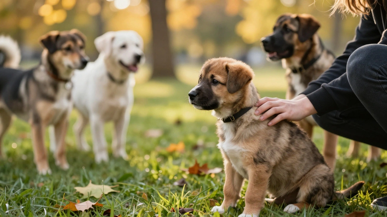 Щенок наблюдает за другими собаками в парке под присмотром хозяина