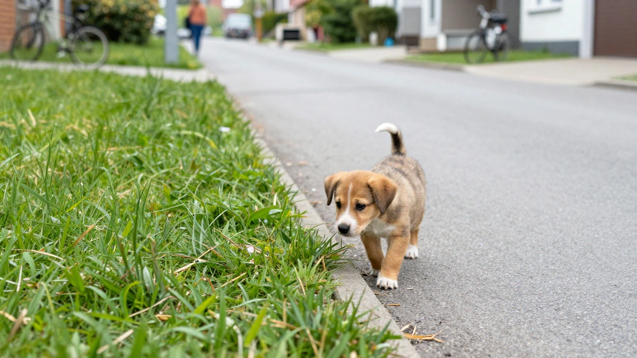 Щенок осторожно переходит с травы на асфальт во время прогулки по тихому городу