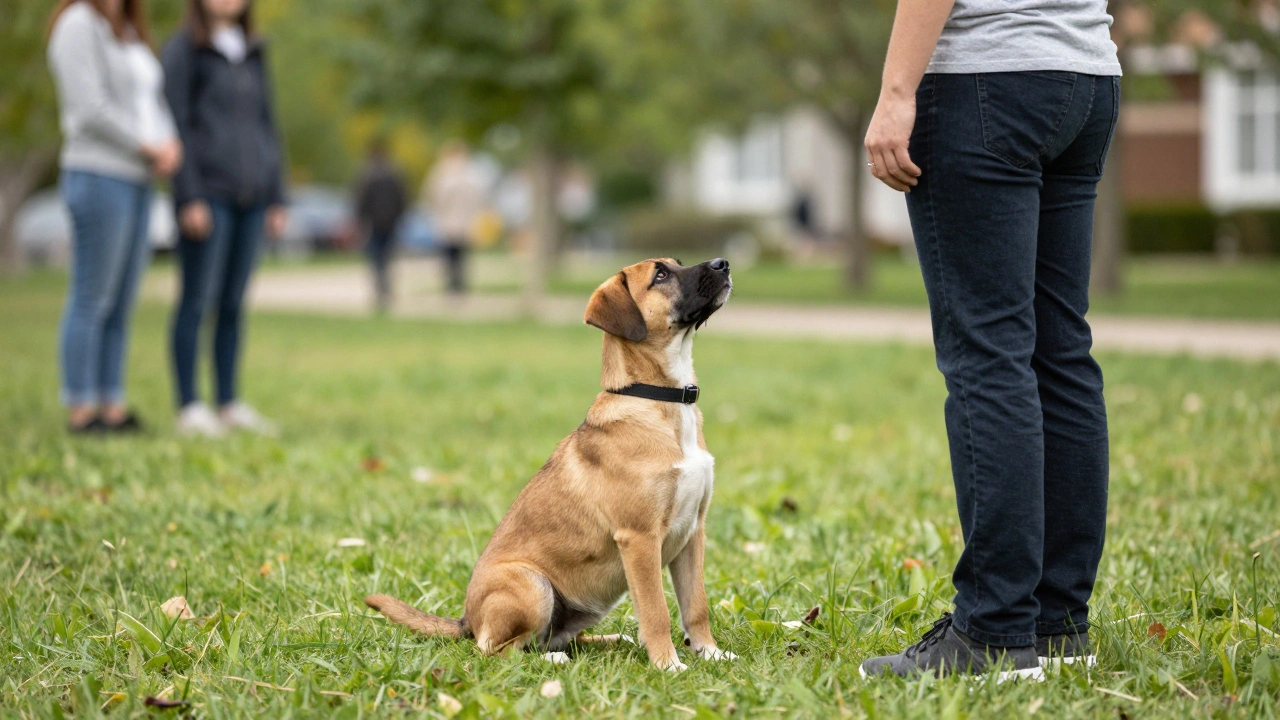 Щенок тренирует выдержку, сидя на траве в парке на расстоянии от владельца