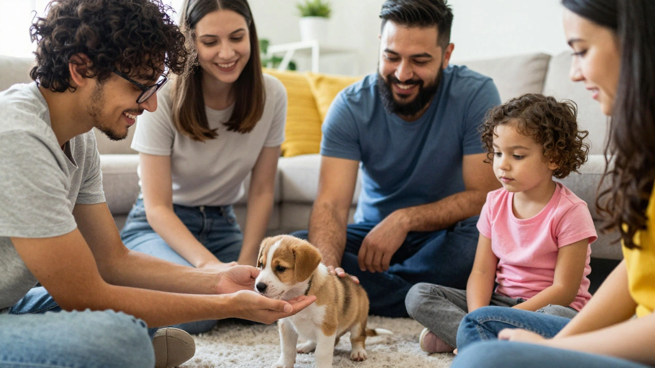 Щенок знакомится с разными людьми в домашней обстановке