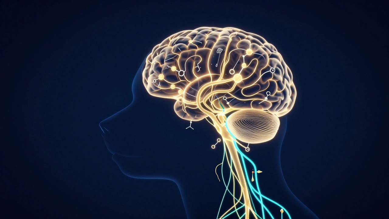 Схематичное изображение мозга собаки с подсвеченными нейронными связями и молекулами гормонов