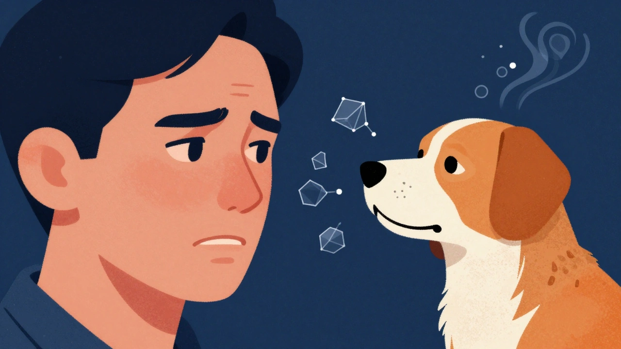 Схематичное изображение того, как собака считывает мимику и запах стресса человека